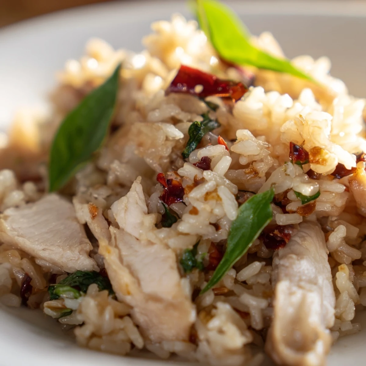 A close-up of Thai Basil Chicken Fried Rice with vibrant red chilies, fresh holy basil leaves, and a lime wedge garnish, served in a white bowl.  