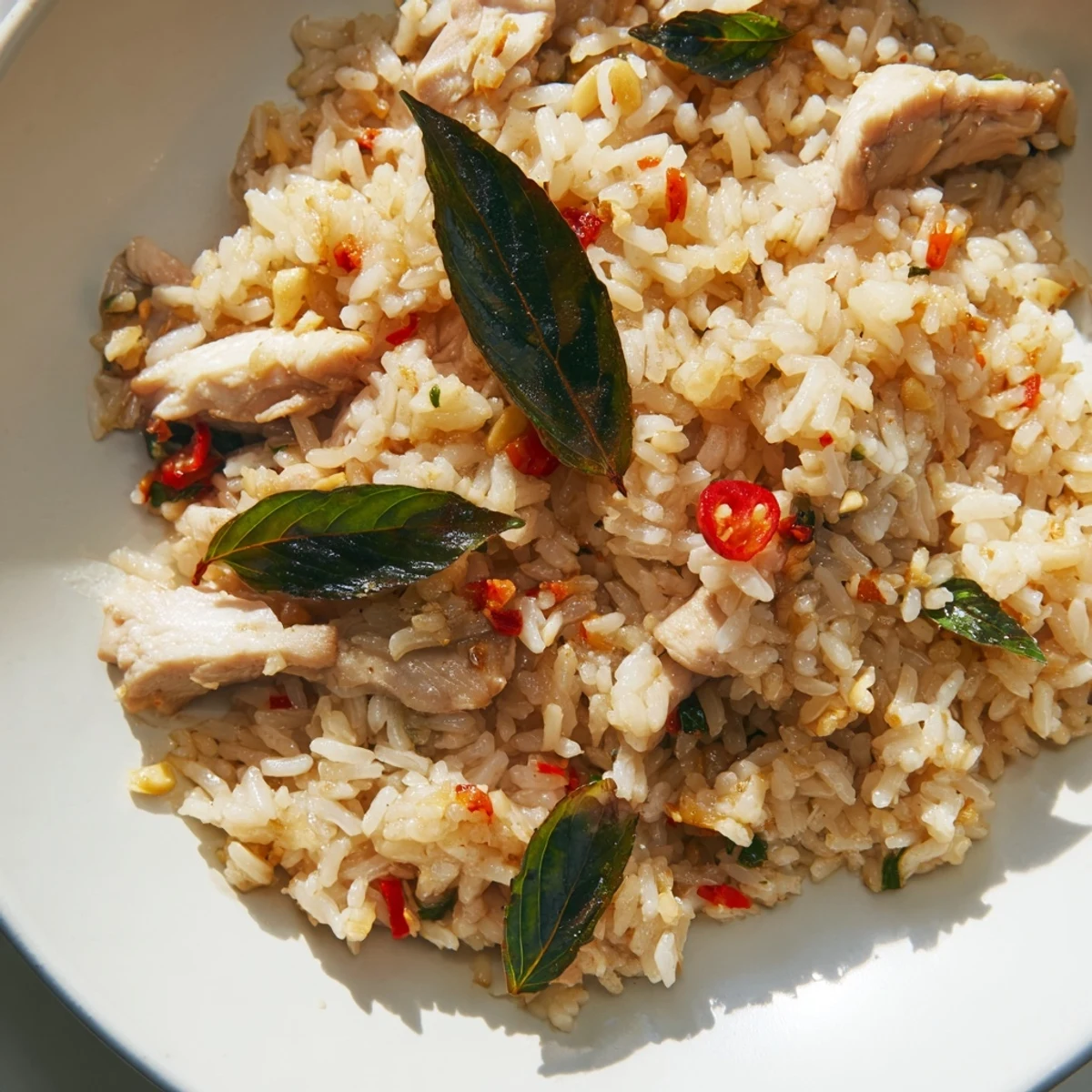 A colorful serving of Thai Basil Chicken Fried Rice on a wooden table, garnished with lime and fresh basil, ready for a quick weeknight meal.