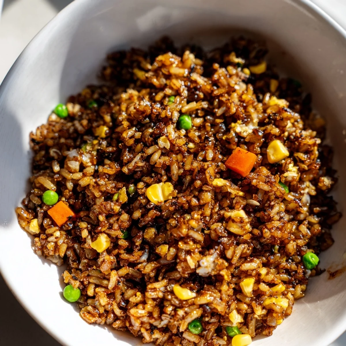 A close-up of Black Garlic Fried Rice in a black wok, garnished with sliced scallions and steaming aromatically from the skillet.