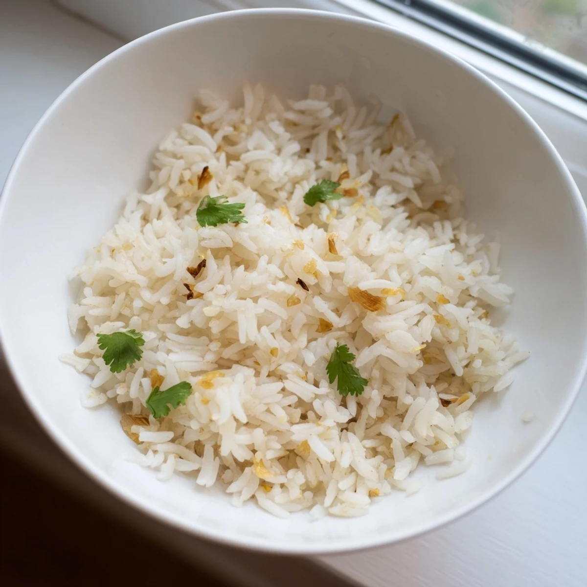 Garlic-infused Jasmine Rice Garlic steaming in a pot, ready to be fluffed with a wooden spoon.