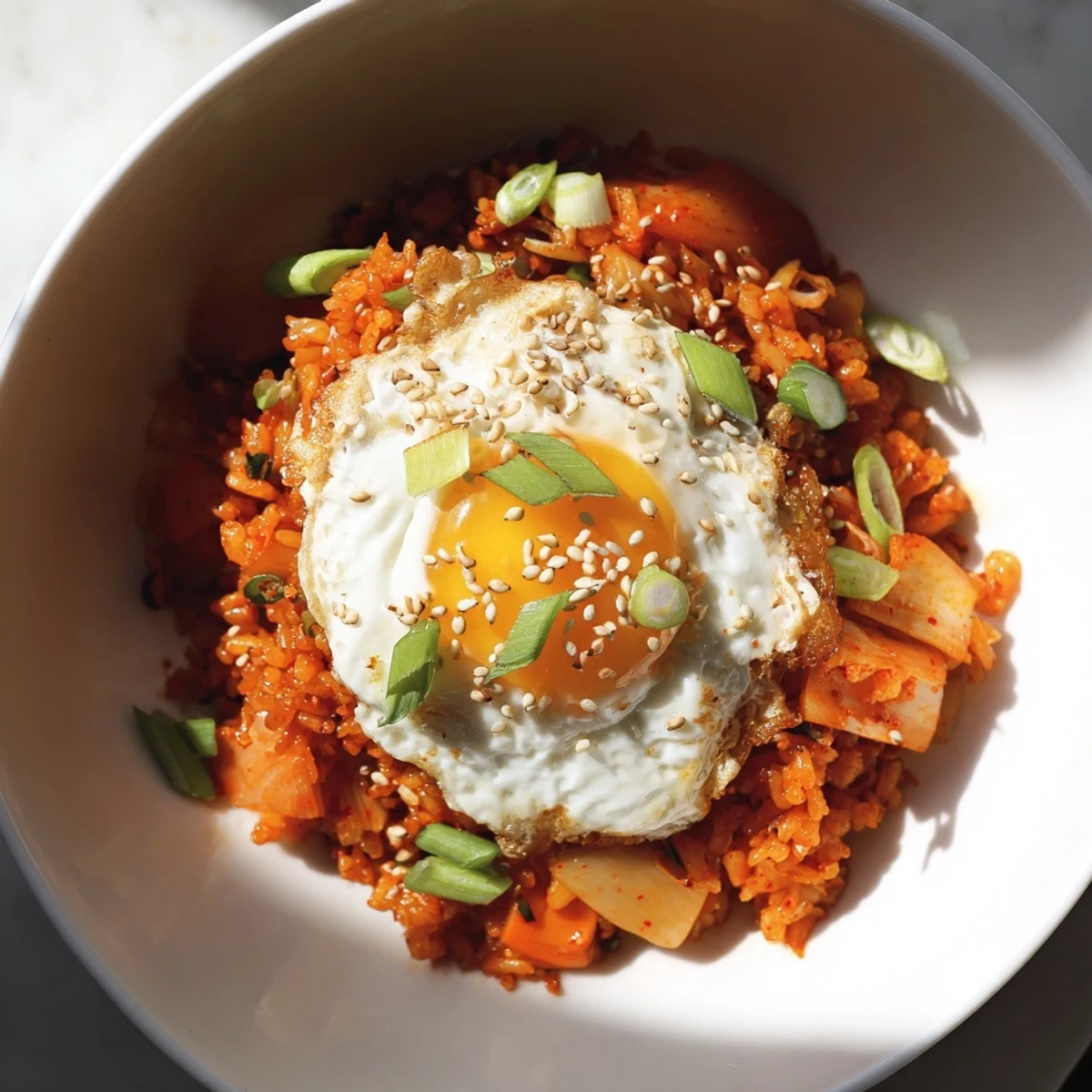 Steaming kimchi fried rice sizzles in a hot wok, flecked with bright red kimchi and topped with a golden-runny egg.  