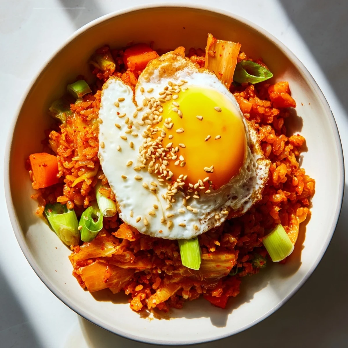 A close-up of savory kimchi fried rice, mixed with crisp carrots and green onions, finished with sesame seeds.  
