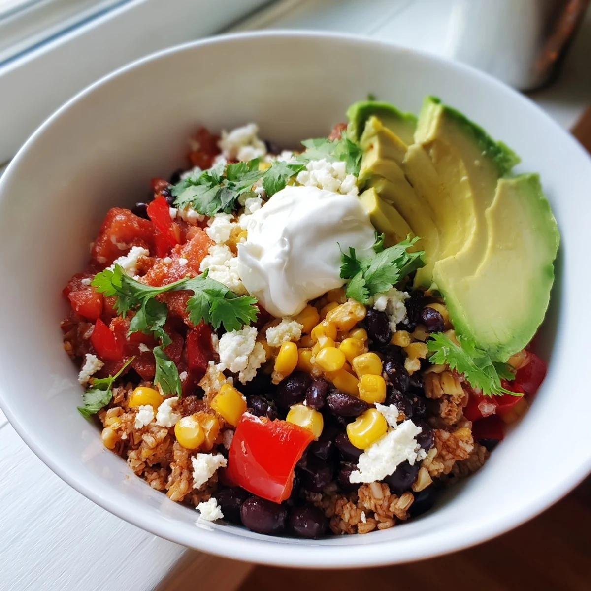 Freshly cooked brown rice forms the base of this colorful burrito bowl, topped with spiced black beans, diced bell peppers, and creamy avocado slices.  