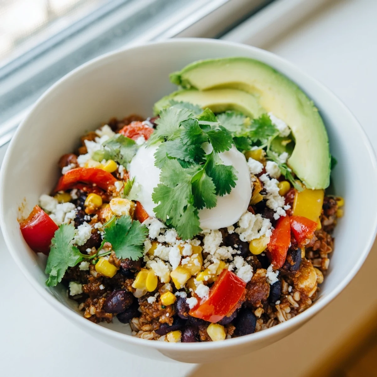 This vegetarian Mexican-inspired Brown Rice Burrito Bowl showcases hearty beans, fresh cilantro, and lime wedges for a balanced and satisfying weeknight meal.