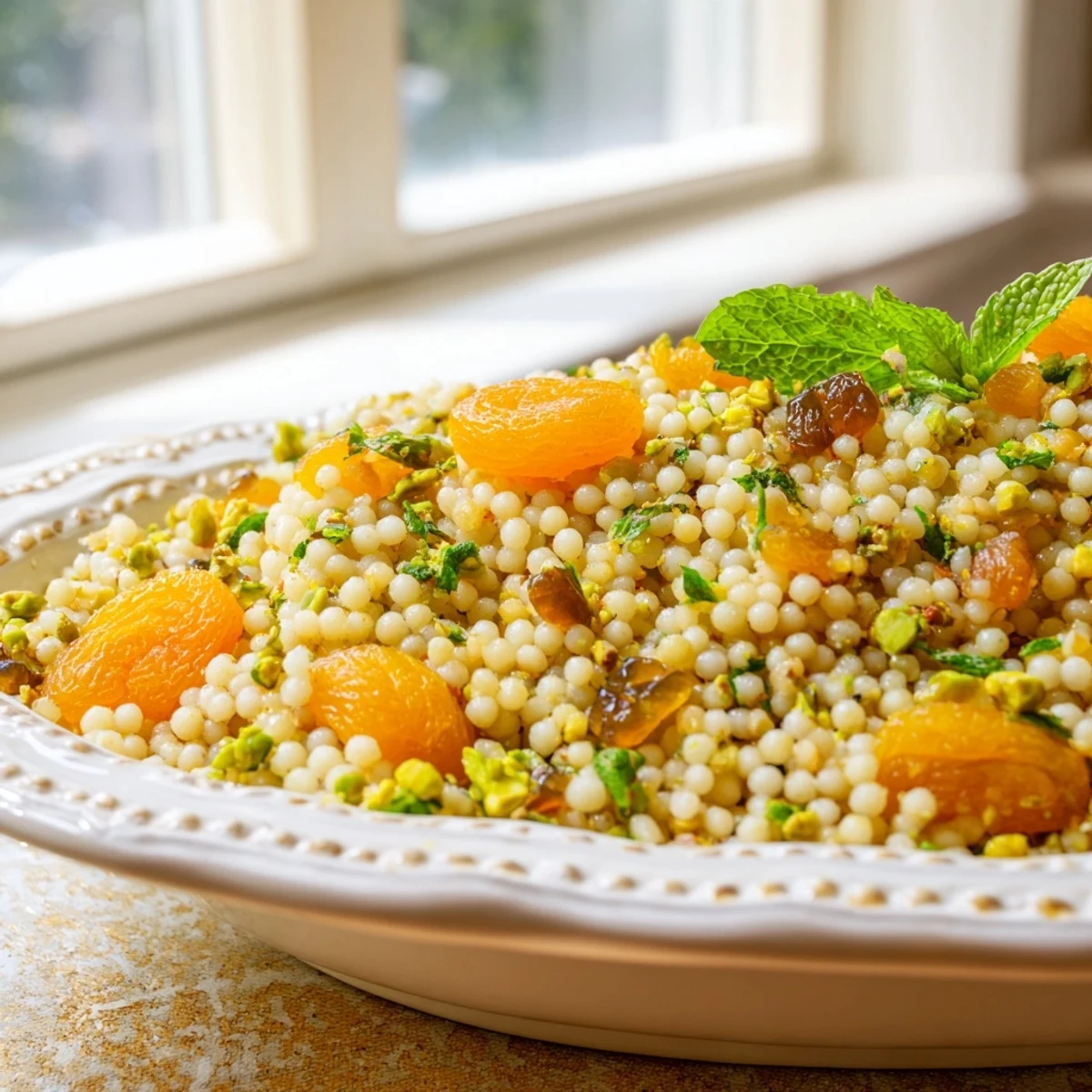 Fork-fluffed couscous pilaf with toasted almonds and pistachios, garnished with fresh parsley and lemon wedges on a rustic table.