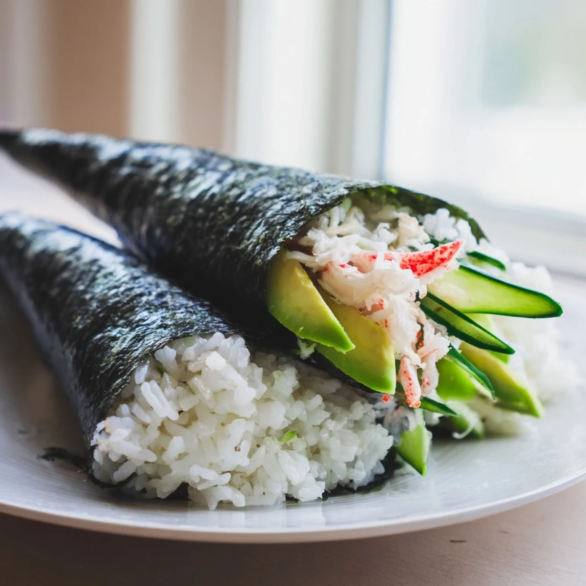 Vibrant sushi rice hand rolls filled with shredded crab, sliced avocado, and crunchy cucumber, neatly rolled in toasted nori for an easy handheld meal.