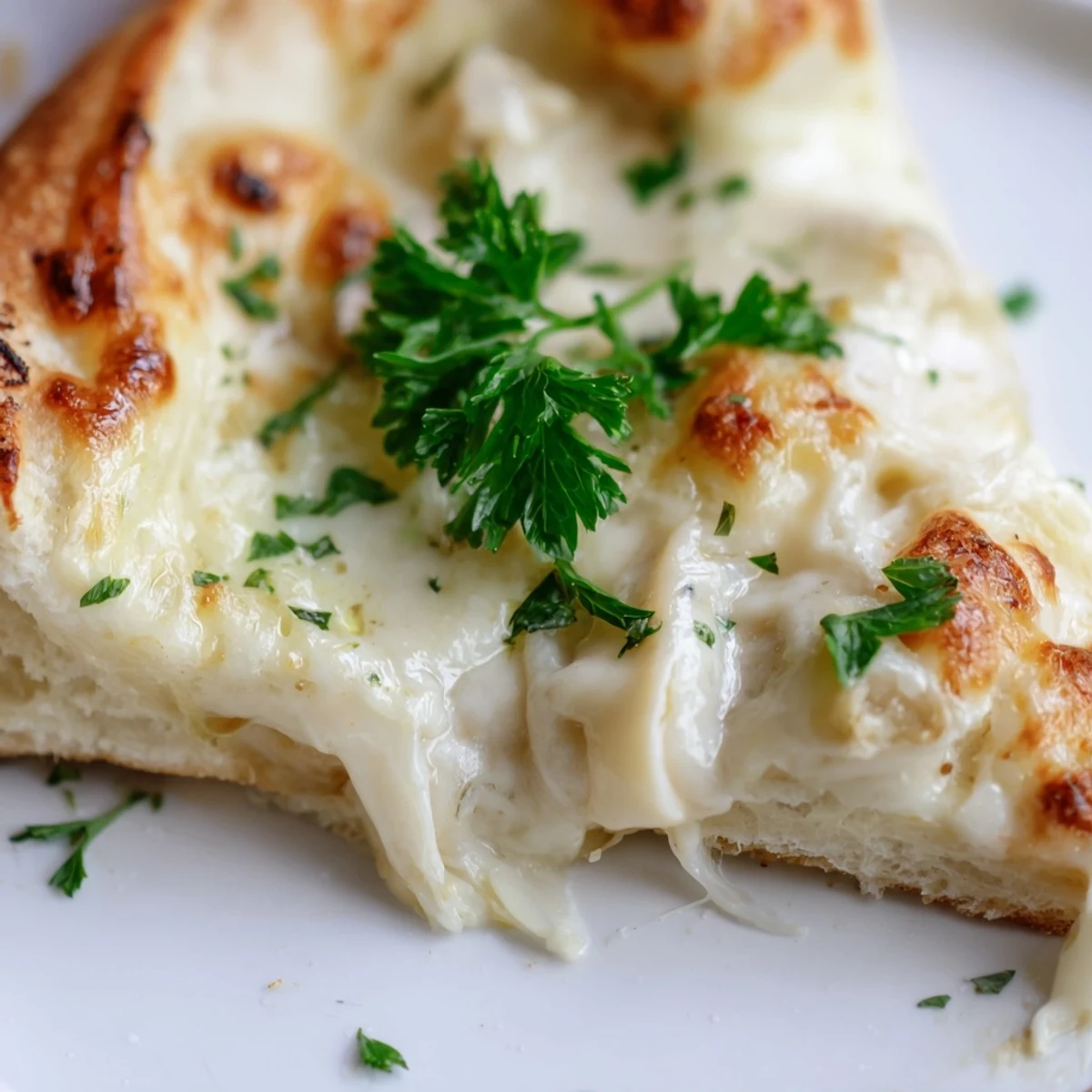 Golden, bubbling mozzarella and creamy garlic sauce melt over a crisp pizza crust, topped with fresh parsley on a wooden board.