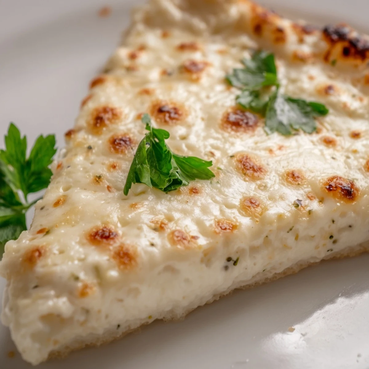 Serving suggestion for a Creamy Garlic White Pizza, garnished with parsley and Parmesan, paired with a glass of white wine.