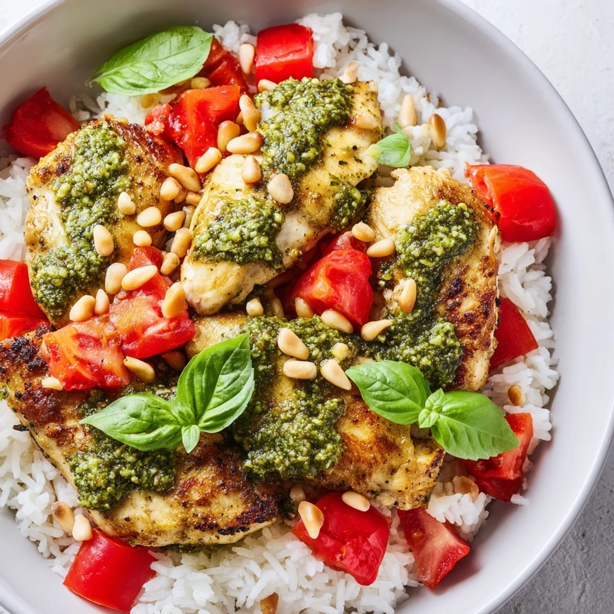 A warm bowl of Chicken Pesto Rice Bowl garnished with fresh basil and juicy diced tomatoes.  