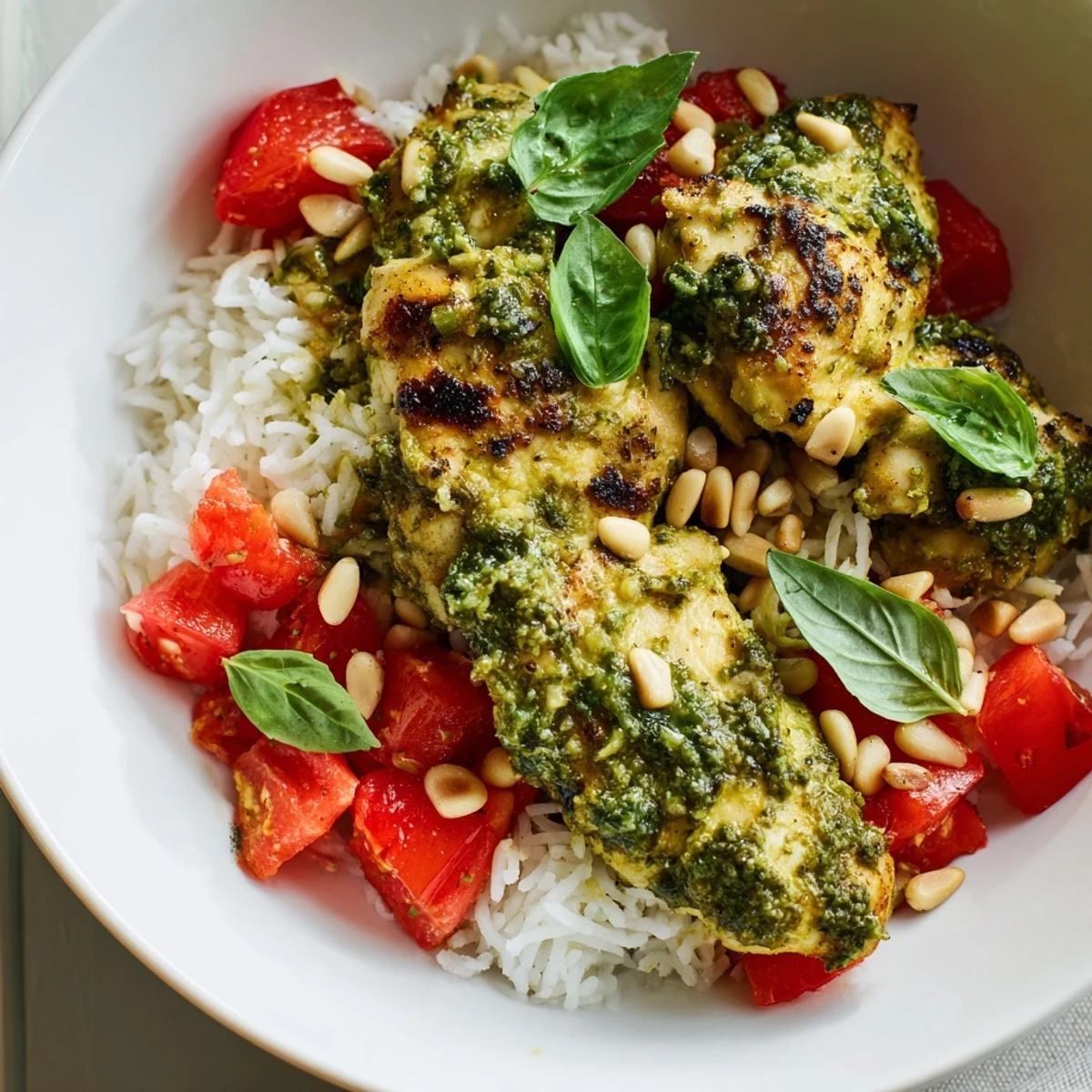 Serving suggestion for Chicken Pesto Rice Bowl, highlighting golden chicken and vibrant fresh tomato chunks.