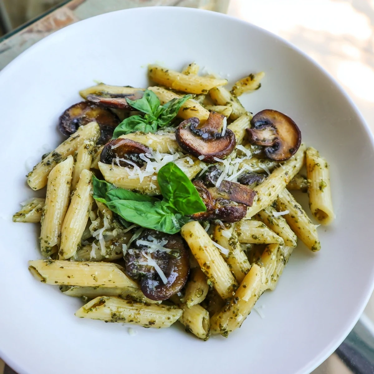A close-up of creamy mushroom pesto pasta, featuring sautéed cremini mushrooms and fresh basil garnish.
