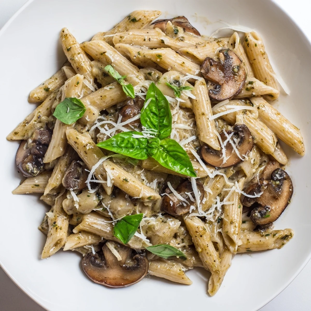 Mushroom pesto pasta served in a rustic white dish, garnished with basil leaves for a fresh finish.