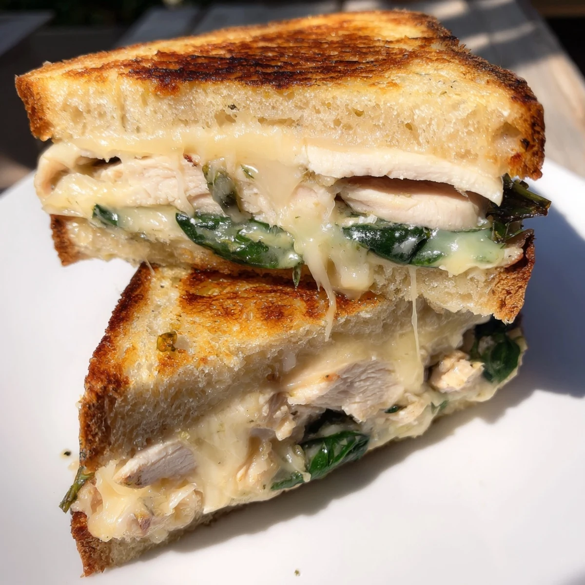 A close-up of a golden, crusty Grilled Chicken Spinach Panini, with melted mozzarella and Parmesan oozing from the warm, pressed edges.