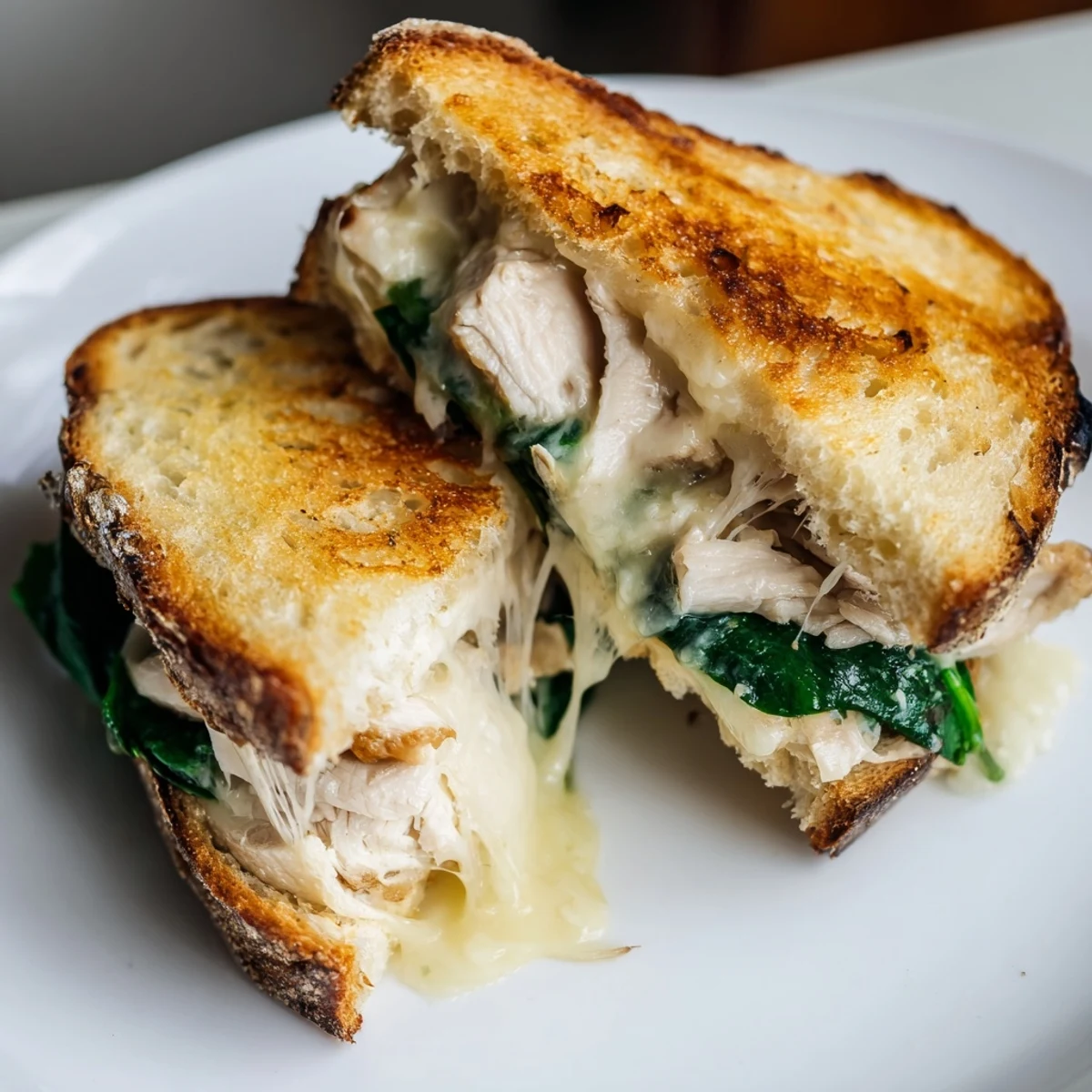 A freshly cut half of a Grilled Chicken Spinach Panini reveals layers of tender chicken, vibrant spinach, and creamy, melted cheese.