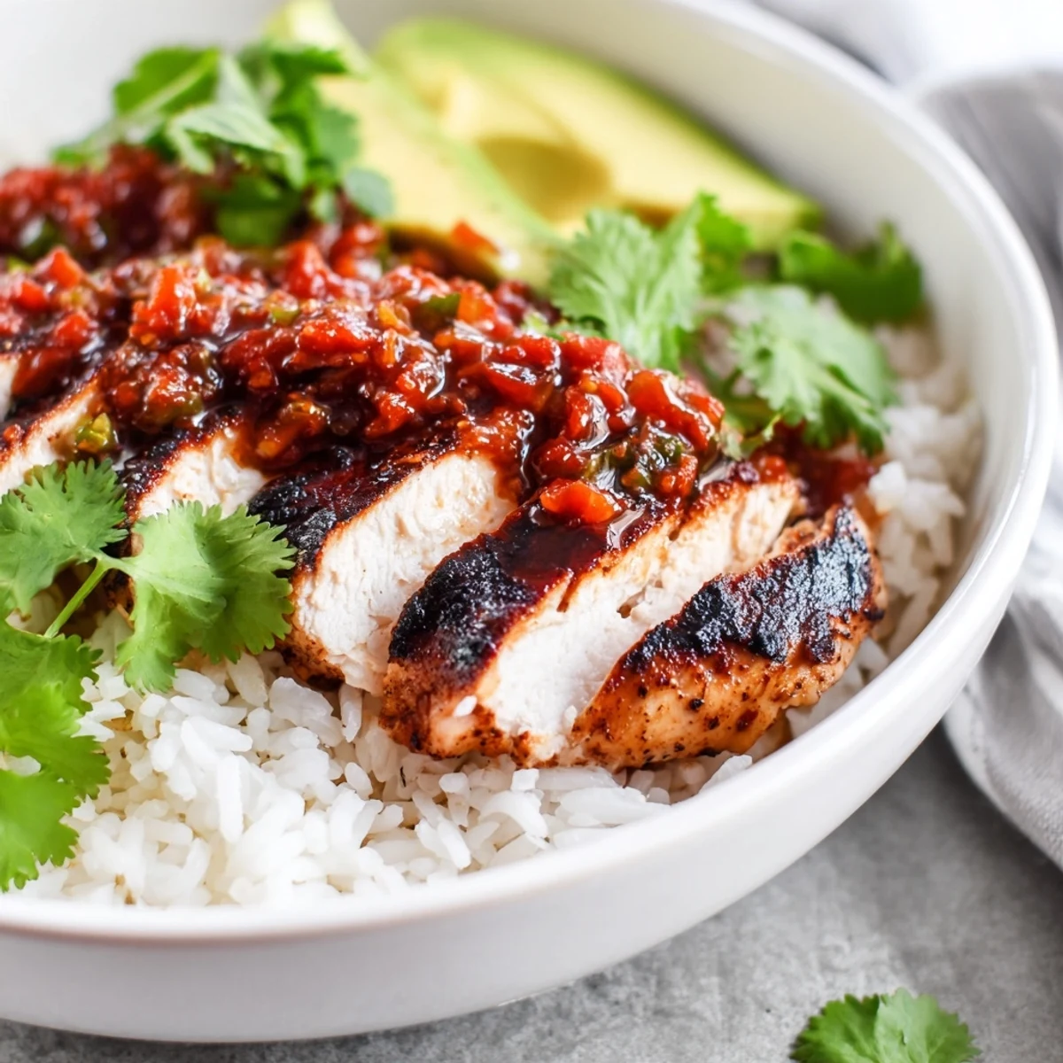 A close-up of a Spicy Chicken Burrito Bowl with grilled chicken, rice, black beans, corn, and fresh salsa.  