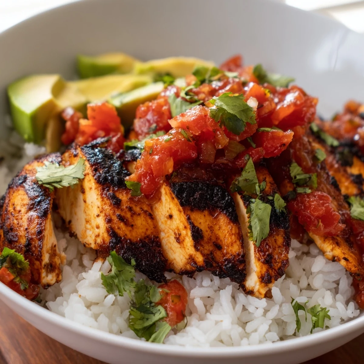 A hearty Spicy Chicken Burrito Bowl with charred chicken, corn, and melted cheese on a rustic table.
