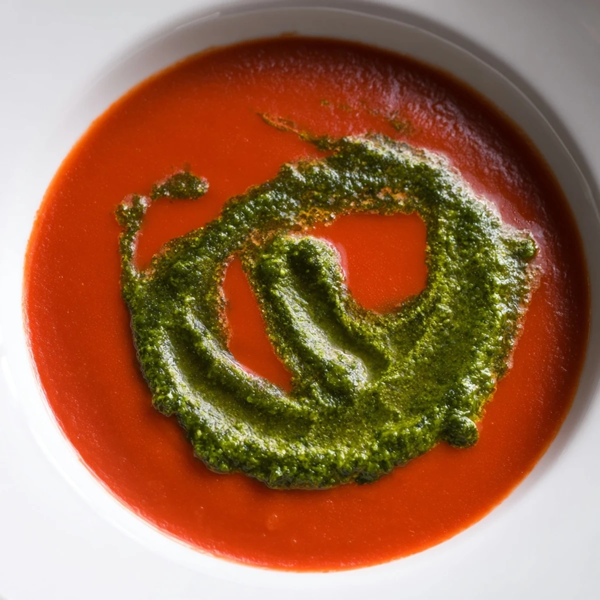 Creamy tomato soup with basil pesto swirl in a rustic bowl, garnished with fresh basil leaves and served with crusty bread.
