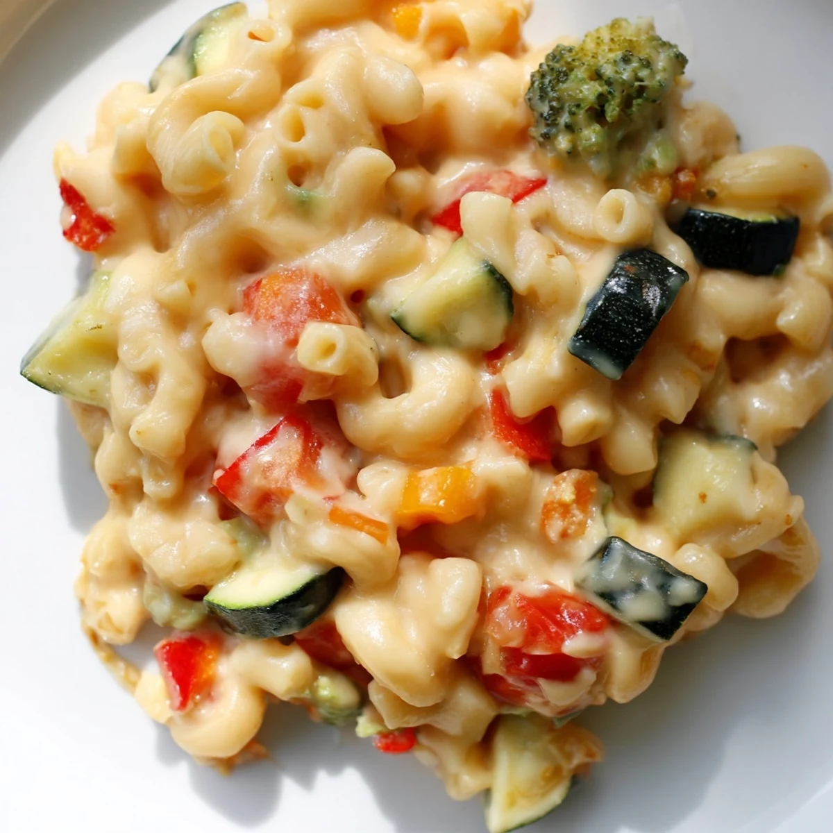 Roasted Veggie Mac & Cheese showcases bubbling golden cheese sauce coating macaroni and colorful roasted red pepper and broccoli.