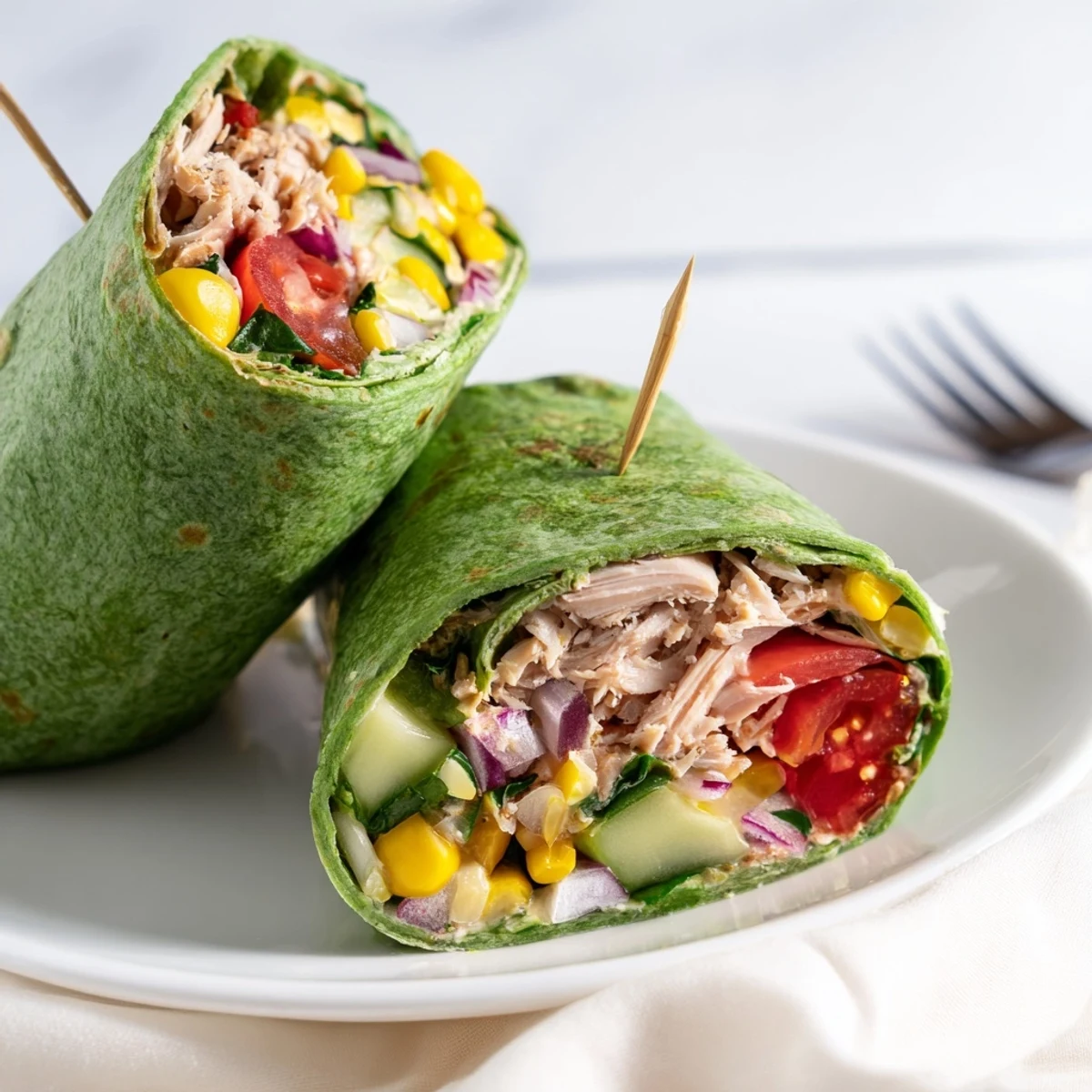 Hearty BBQ Chicken Salad Wrap with vibrant red onions, cherry tomatoes, and corn tucked into a soft spinach tortilla.