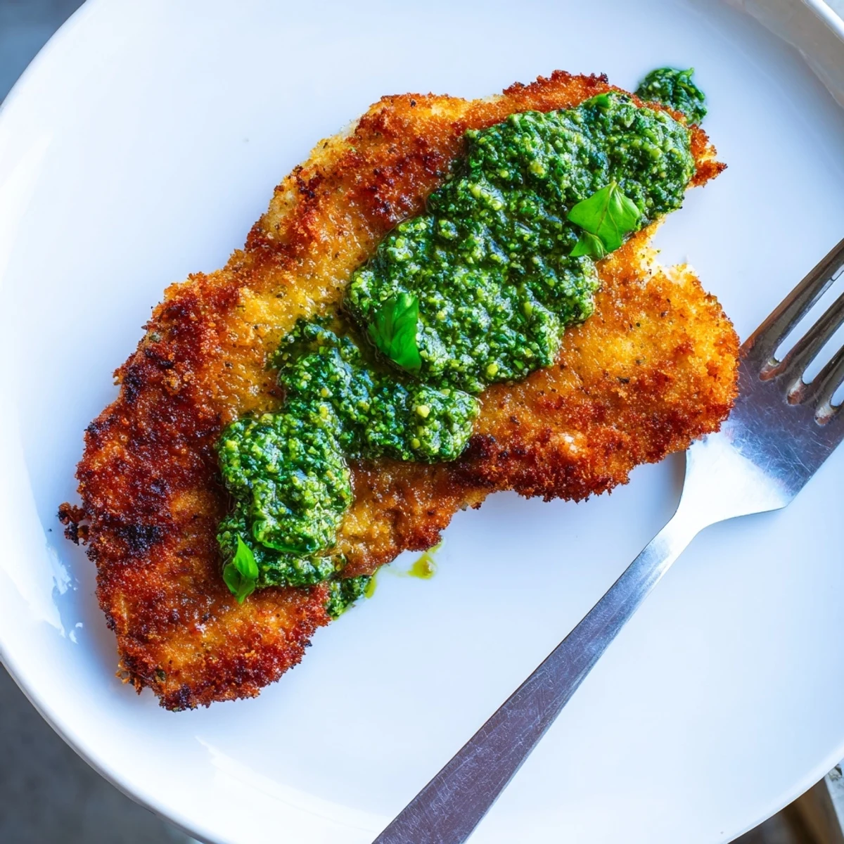 Four golden, crispy Pesto Chicken Cutlets are arranged on a white platter, glistening with fresh basil pesto and a squeeze of lemon juice.