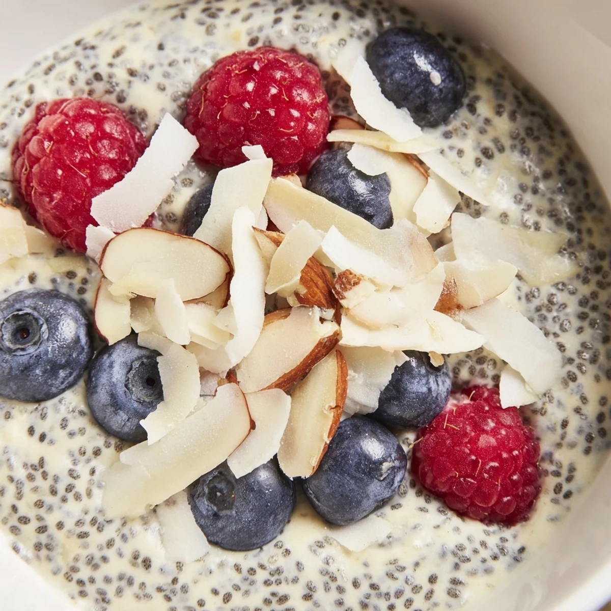 Creamy Poppy Seed Chia Pudding layered in a glass jar, topped with fresh blueberries, raspberries, and toasted almonds for a wholesome breakfast.  