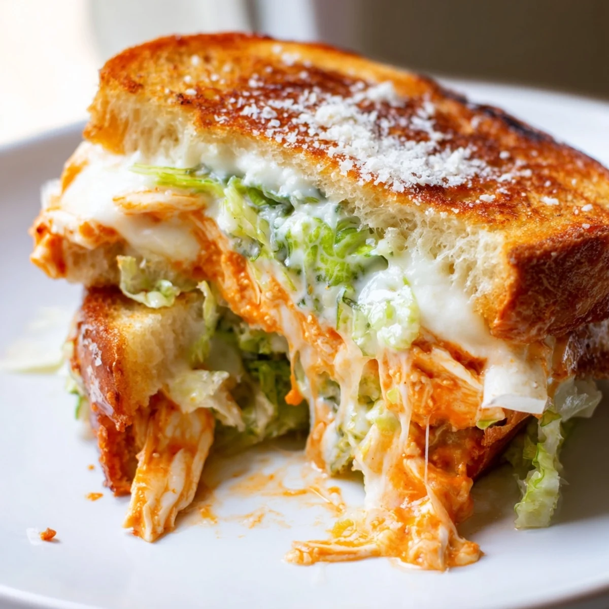 Golden Buffalo Chicken Caesar Grilled Cheese sandwiches stacked on a wooden board, featuring melted provolone and shredded romaine lettuce.