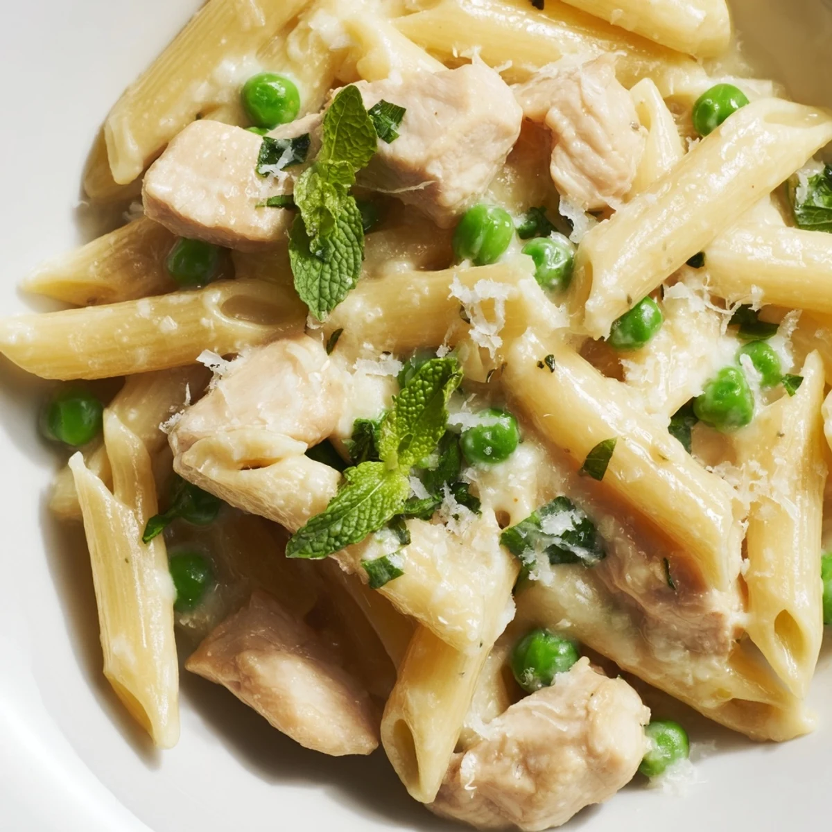 Tender chicken and bright green peas twirl in penne, tossed with fresh mint in a zesty lemon sauce in this Pea & Mint Chicken Pasta.