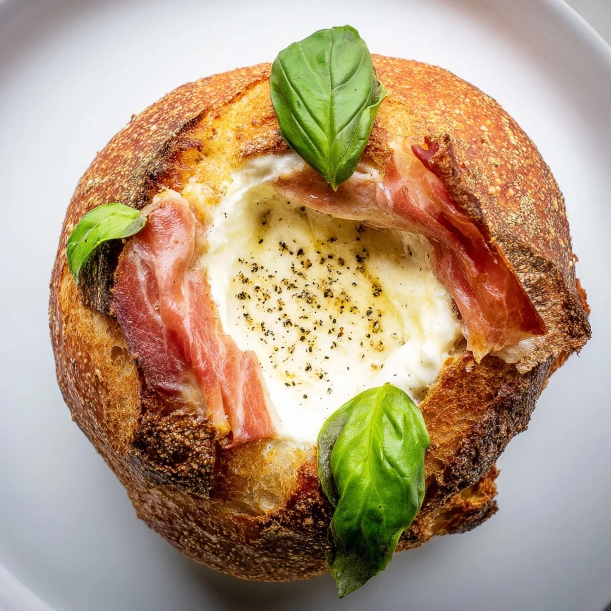 A close-up of a warm Crispy Prosciutto & Burrata Grilled Cheese, sliced to reveal gooey cheese and savory meat.