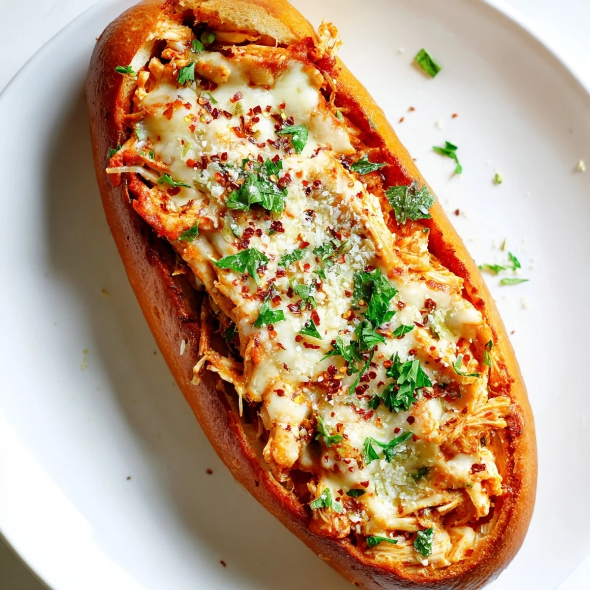 Crispy, golden-brown chicken Parm stuffed garlic bread served hot, perfect as a family-style main dish or appetizer.