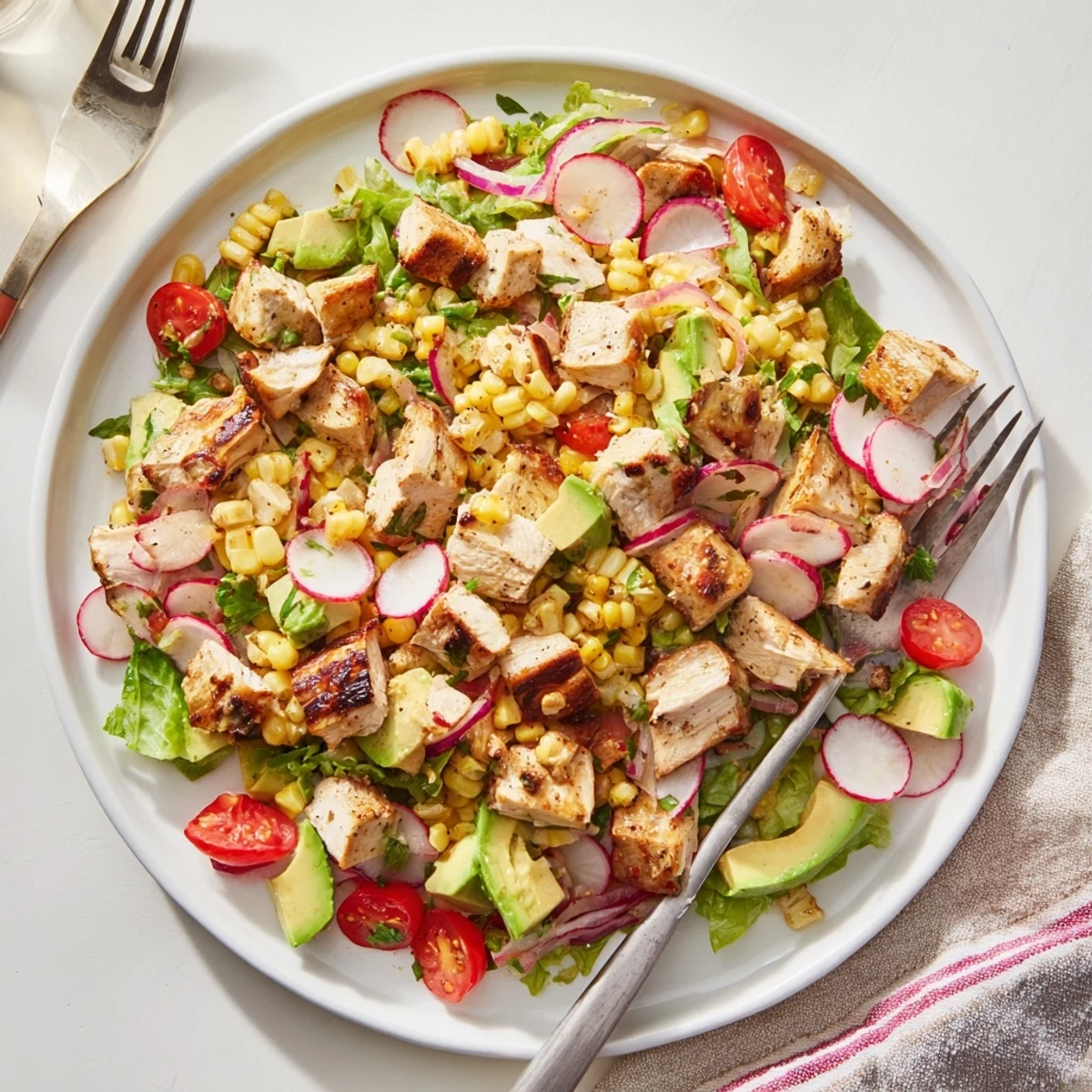 A vibrant Roasted Corn & Chicken Chopped Salad with smoky charred kernels and tender grilled chicken on crisp romaine.