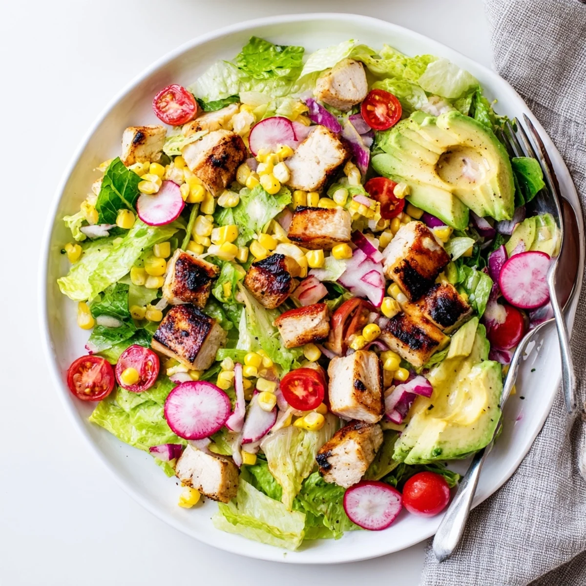 Hearty Roasted Corn & Chicken Chopped Salad served in a rustic bowl with cherry tomatoes and a light vinaigrette.