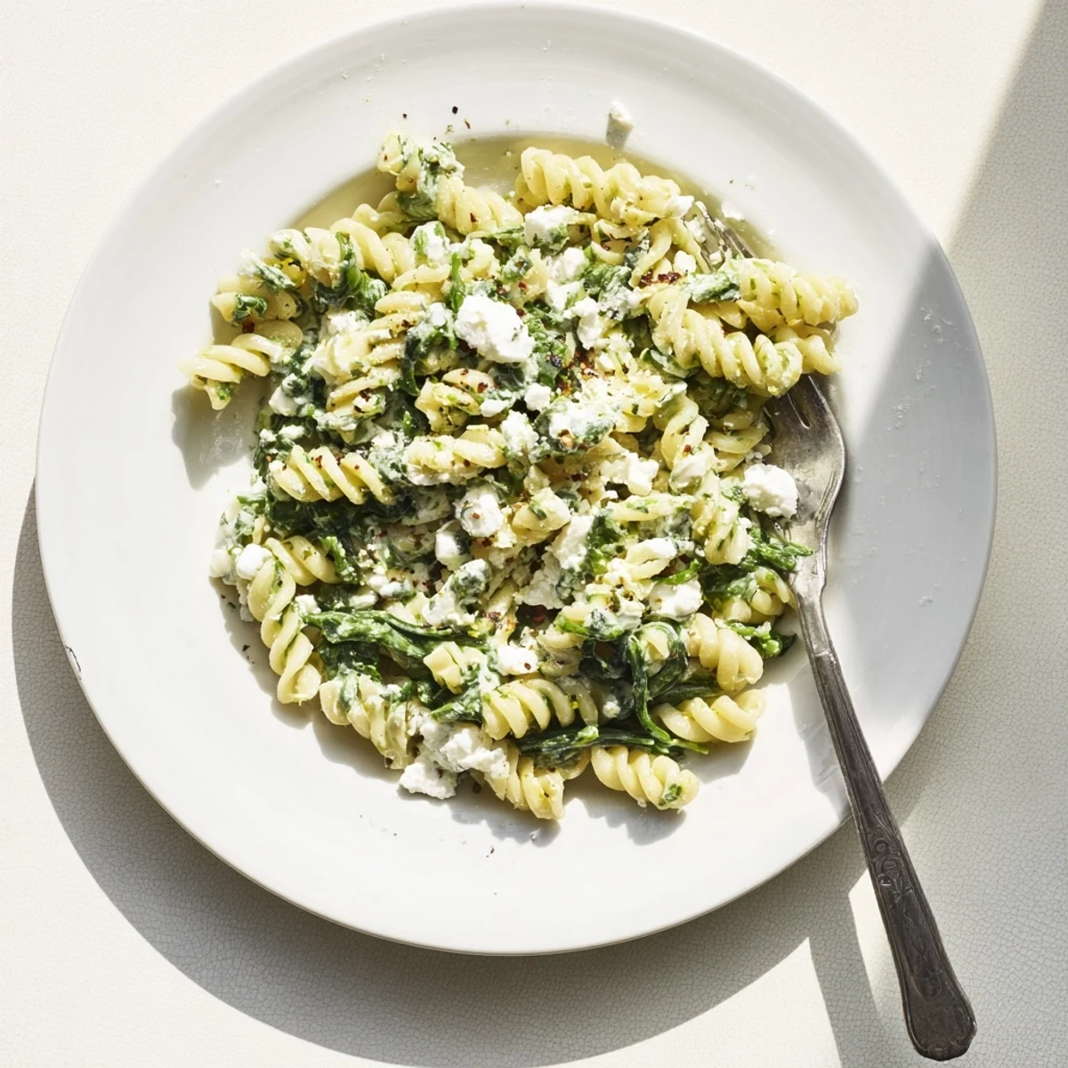 A steaming bowl of creamy feta spinach pasta with glossy sauce and fresh herbs for garnish.