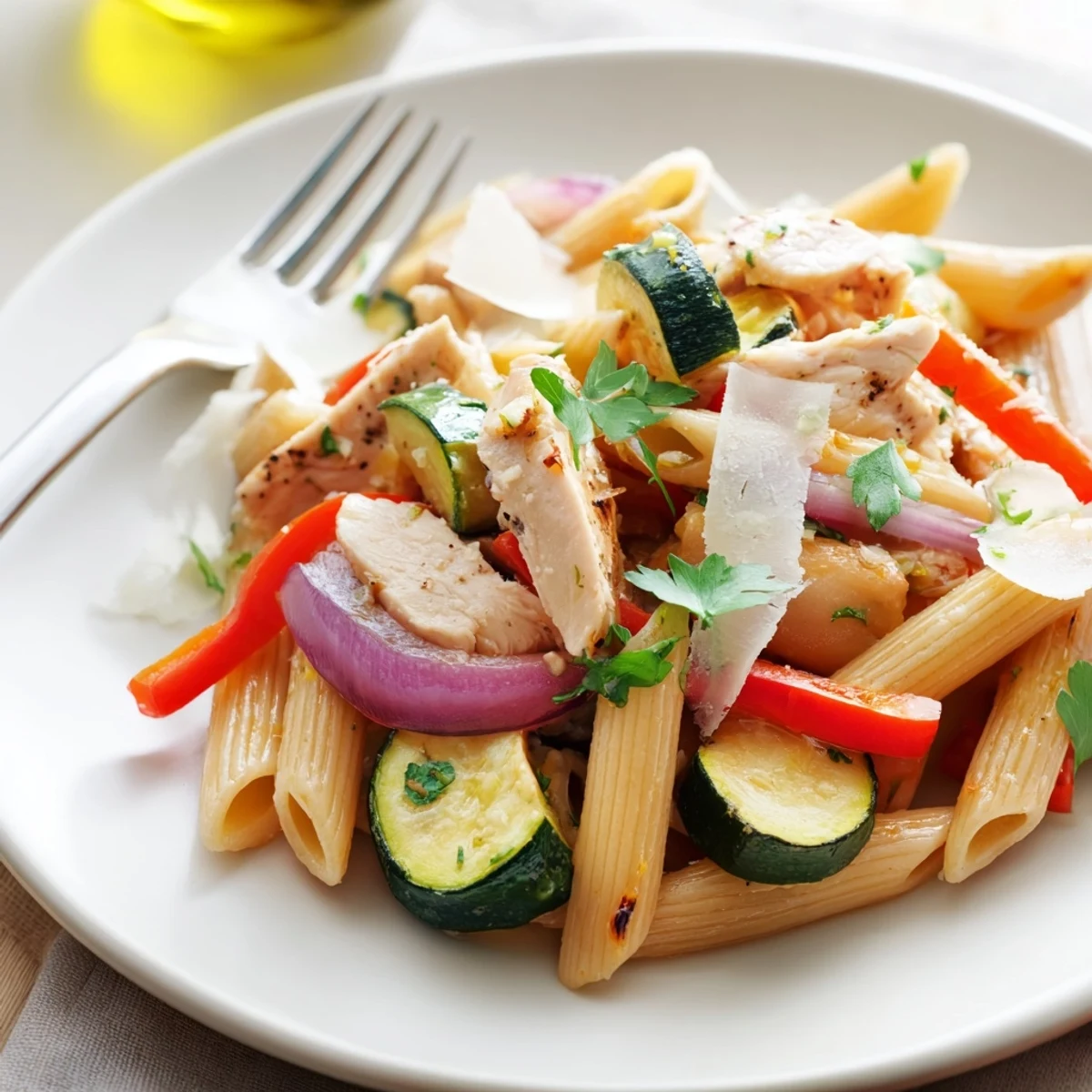 Golden-brown garlic herb chicken pieces and colorful roasted vegetables tossed with penne pasta in a light, aromatic sauce.