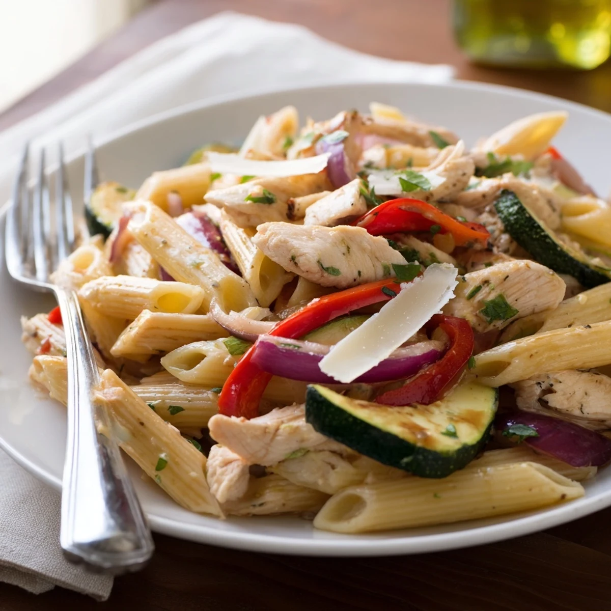 Penne pasta with juicy rosemary-thyme chicken, zucchini, bell peppers, and cherry tomatoes in a skillet, ready to serve.