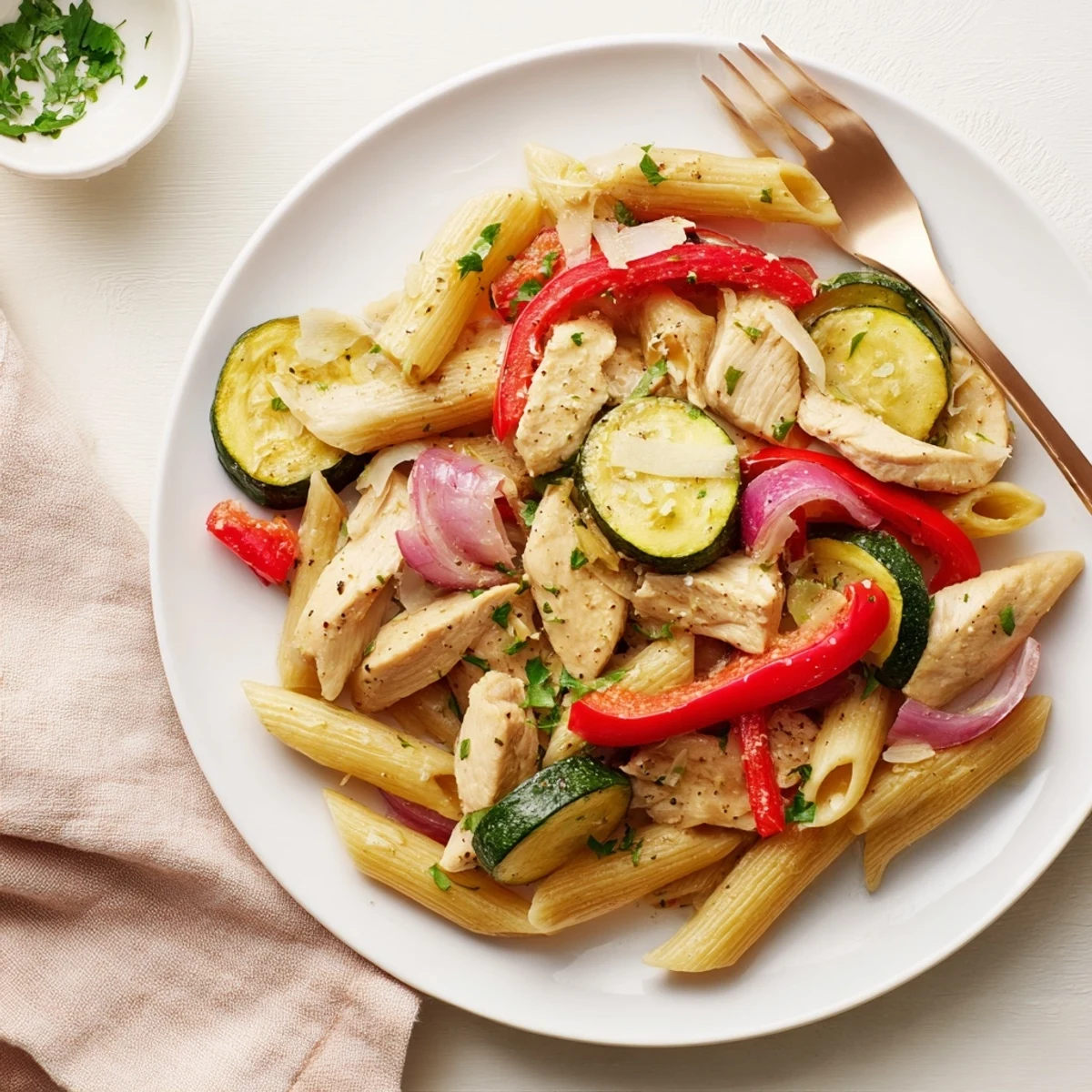 A close-up of Garlic Herb Chicken & Veg Pasta garnished with fresh parsley and Parmesan, highlighting the tender ingredients.