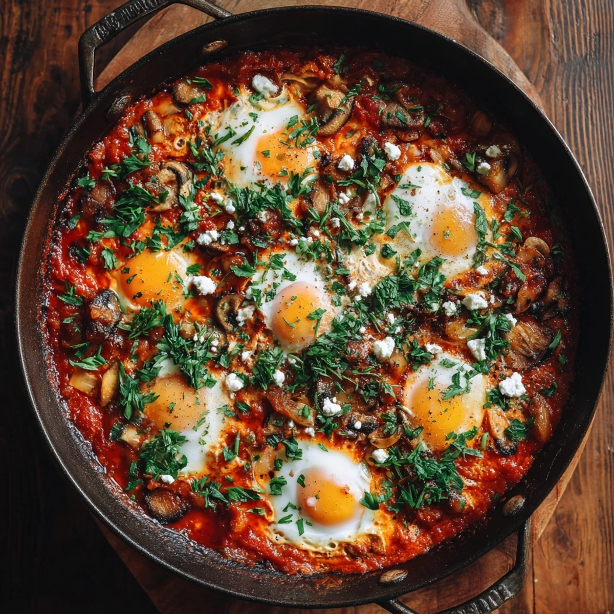 Crack open perfectly poached eggs in this savory Shakshuka, bubbling in a smoky paprika tomato sauce with feta cheese.