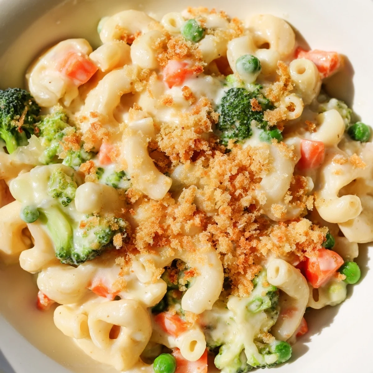 Golden-brown Garden Veg Mac and Cheese bubbling from the oven, featuring creamy cheddar sauce coating elbow macaroni, peas, carrots, and tender broccoli florets.  