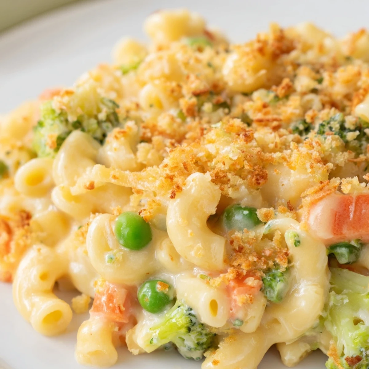 Close-up of a spoon lifting a cheesy bite of Garden Veg Mac and Cheese, revealing colorful vegetables like diced carrots and broccoli mixed with pasta.