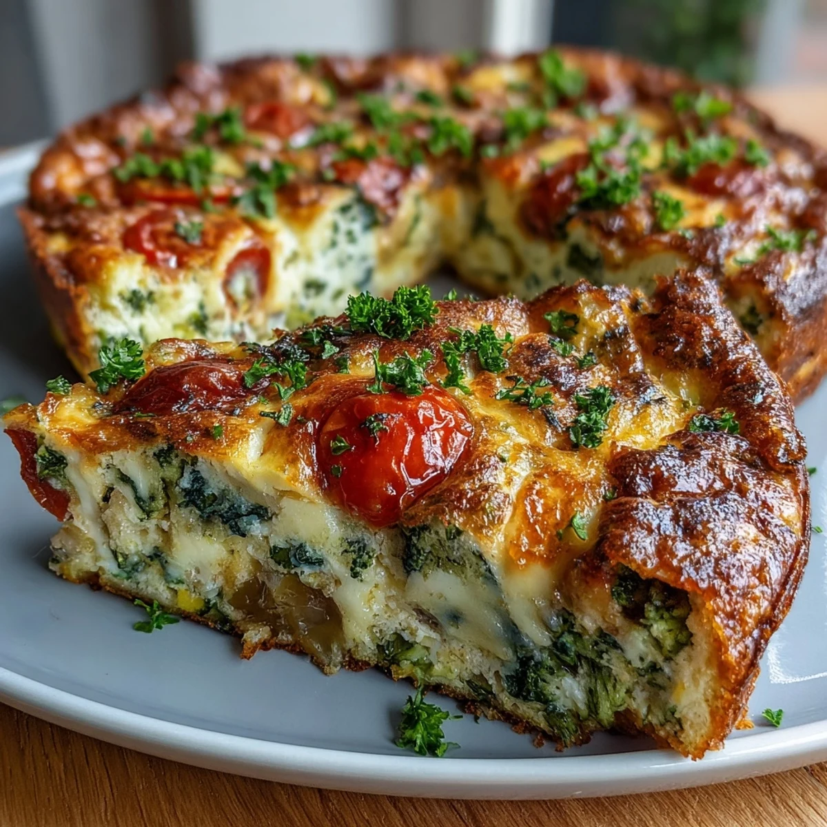 A slice of Vegetable Frittata on a plate, featuring vibrant vegetables and creamy cheese.