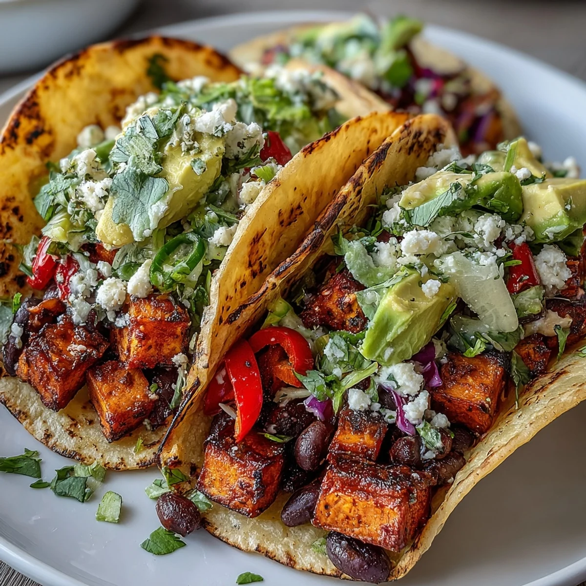 Hearty, roasted sweet potato and black bean tacos ready for a zesty lime squeeze.
