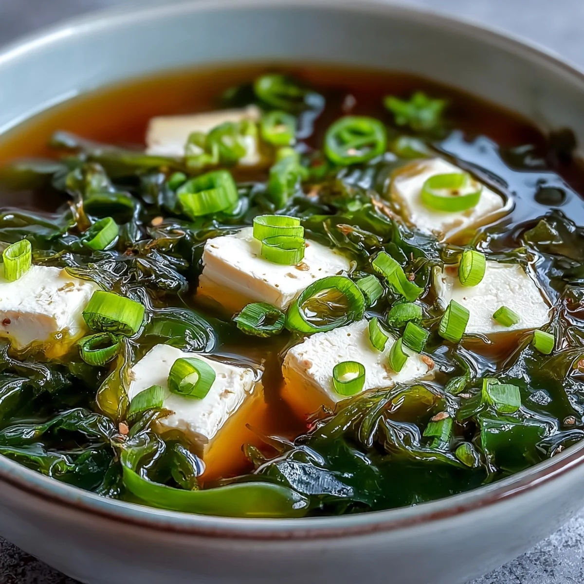 Steaming bowl of Miso Soup With Tofu, garnished with fresh green scallions.