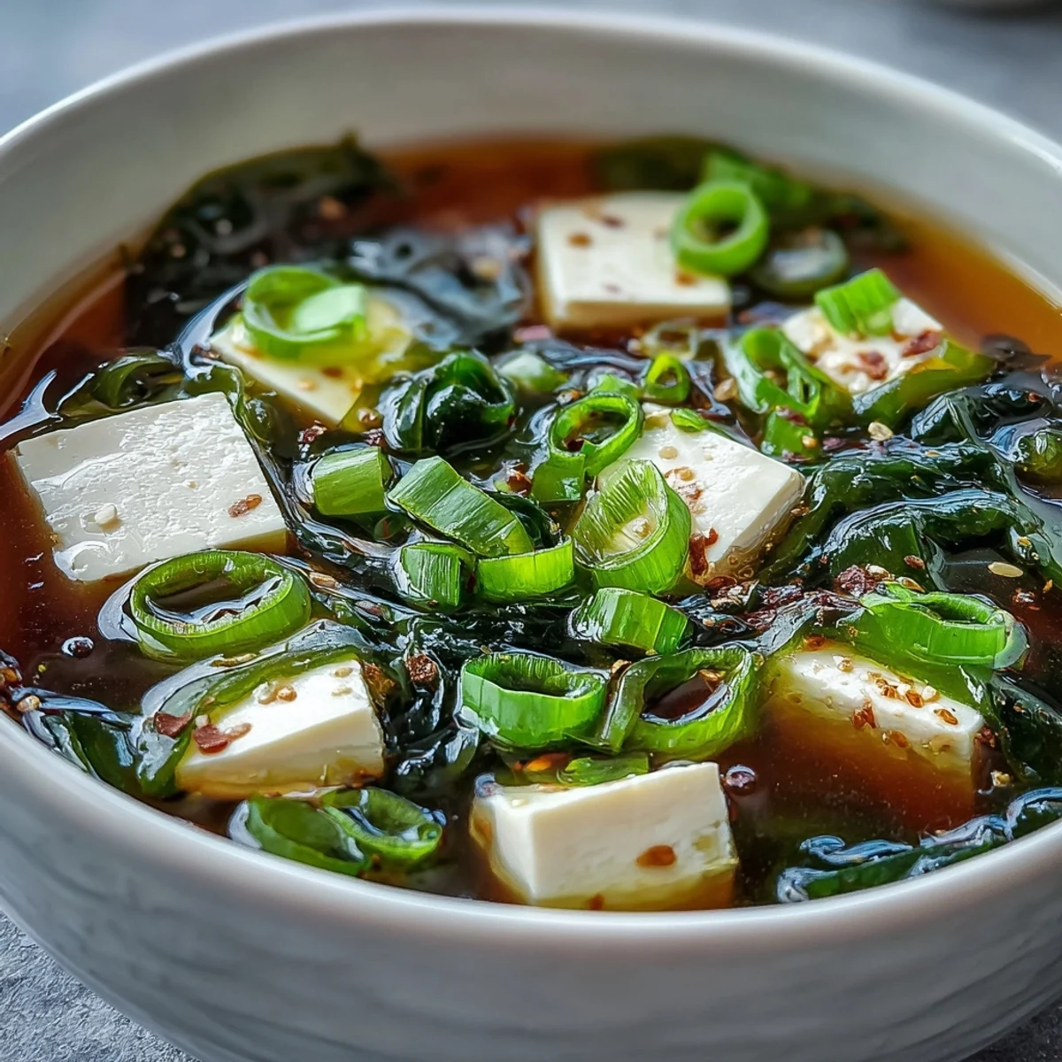 Silken tofu and tender wakame float in savory Miso Soup With Tofu.