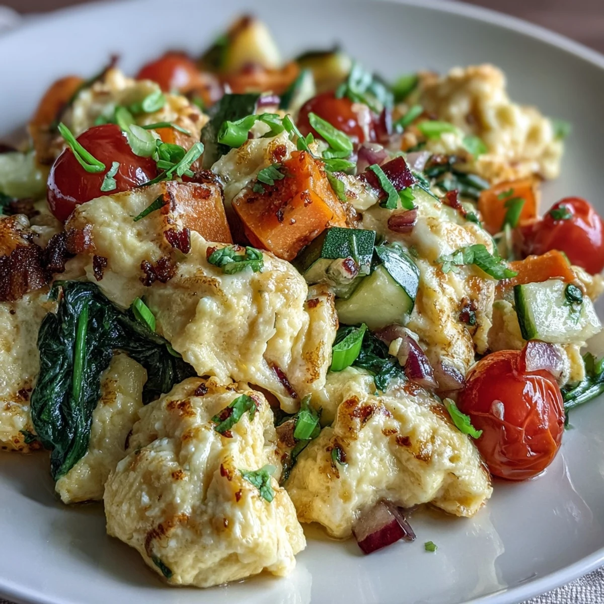 Fluffy scrambled eggs with diced bell peppers, spinach, and cherry tomatoes in a skillet.