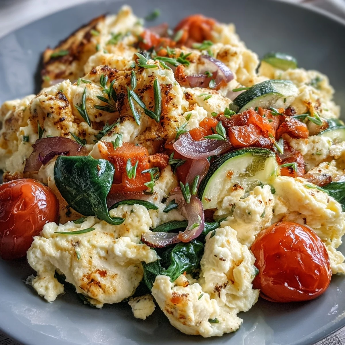 Bright vegetable scramble topped with fresh herbs, served alongside a slice of buttered toast.
