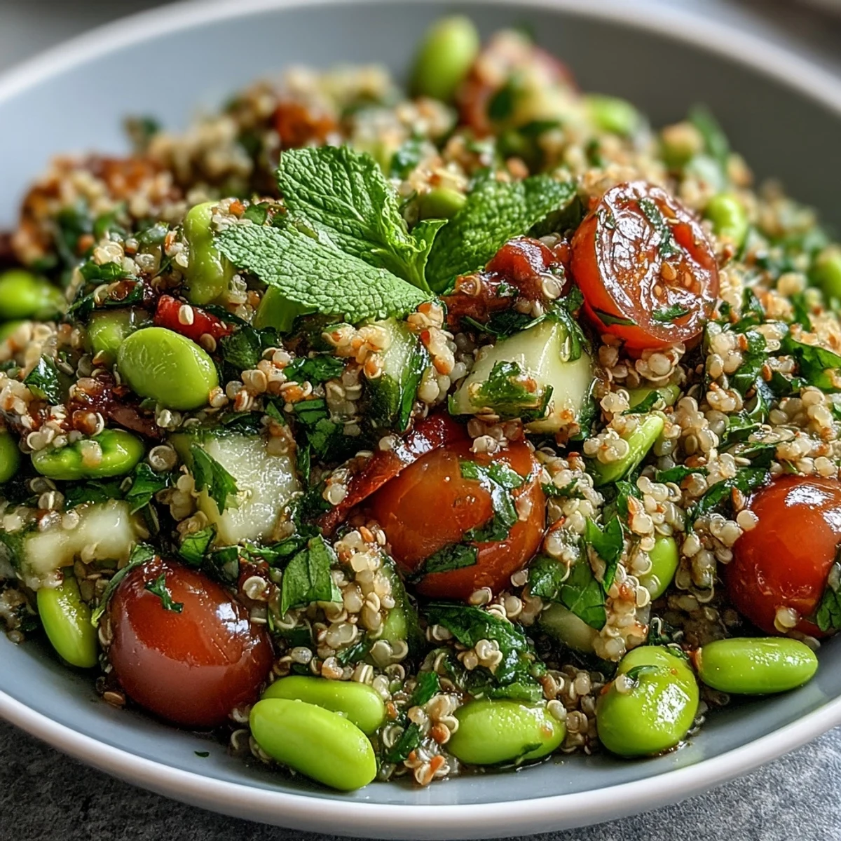 Vibrant Edamame and Quinoa Salad bursting with colorful veggies and drizzled with citrus.