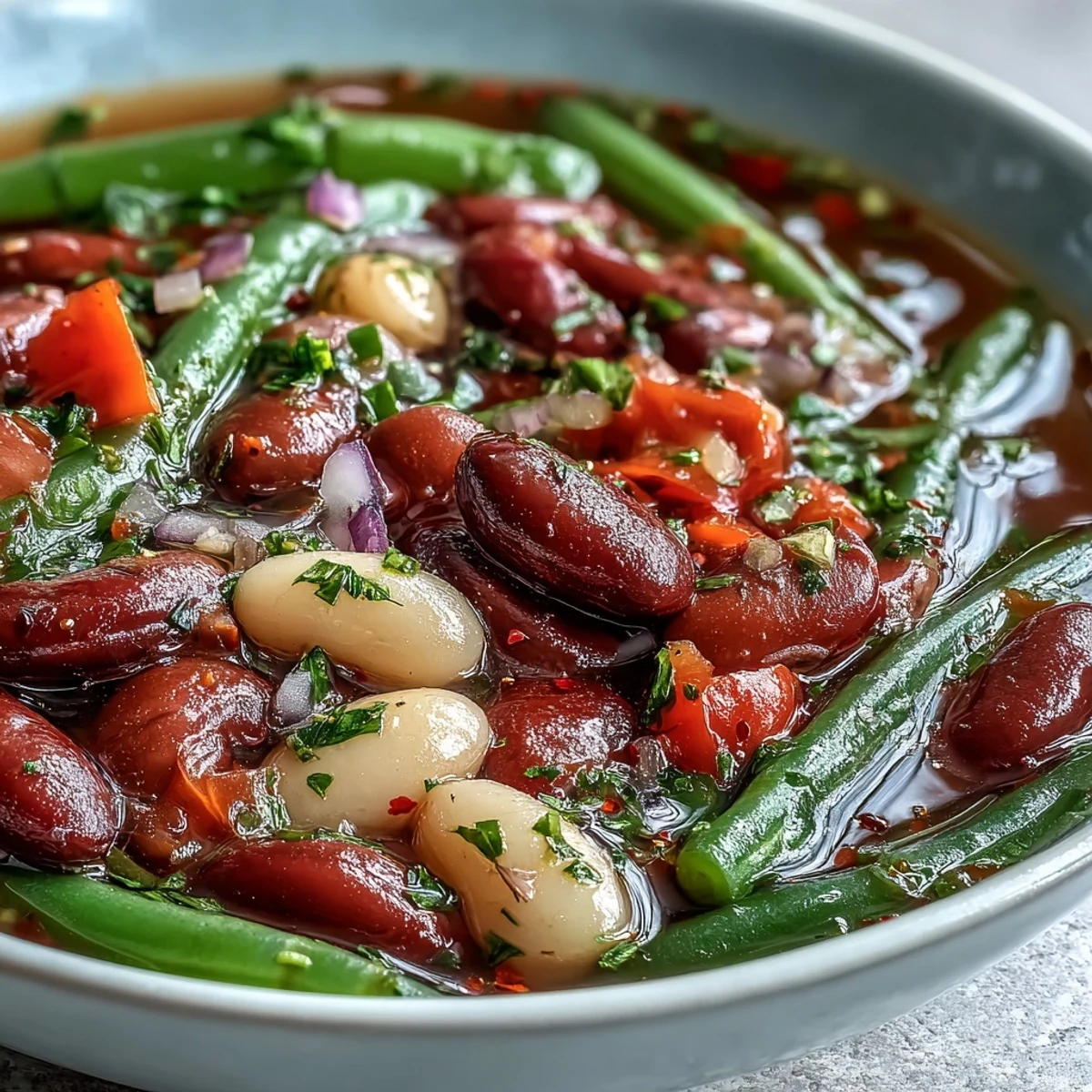 A close-up of Three-Bean Salad Soup featuring colorful kidney beans, green beans, and crisp red bell peppers in savory broth.