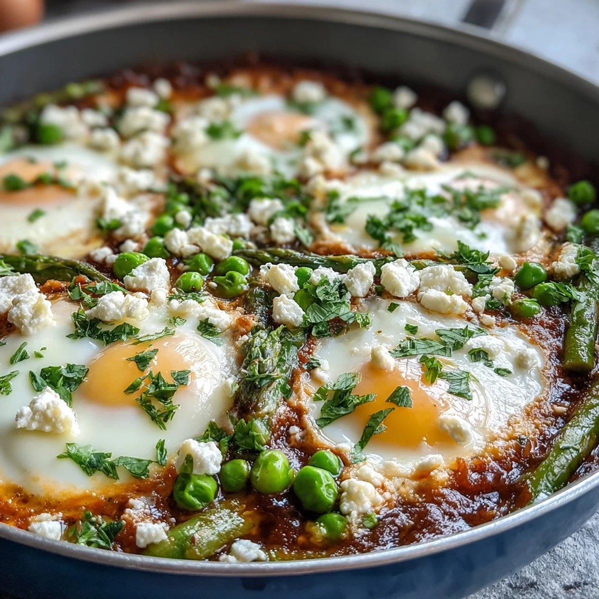 Bright, steaming Pea and Broad Bean Shakshuka with runny yolks, fresh peas, and tender asparagus in a rich tomato sauce.