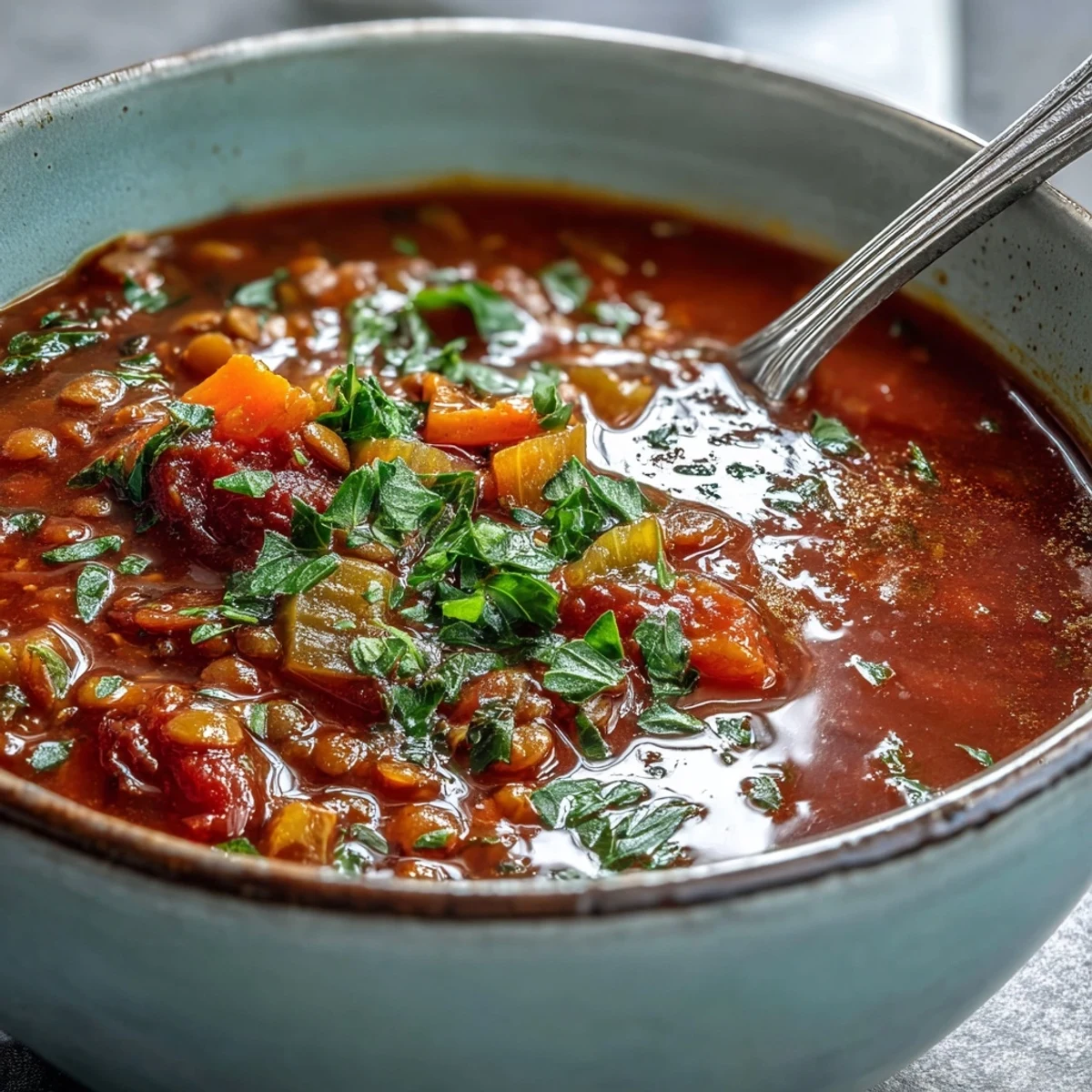 Steaming bowl of homemade Tomato Lentil Soup topped with fresh parsley, served beside a slice of crusty bread.
