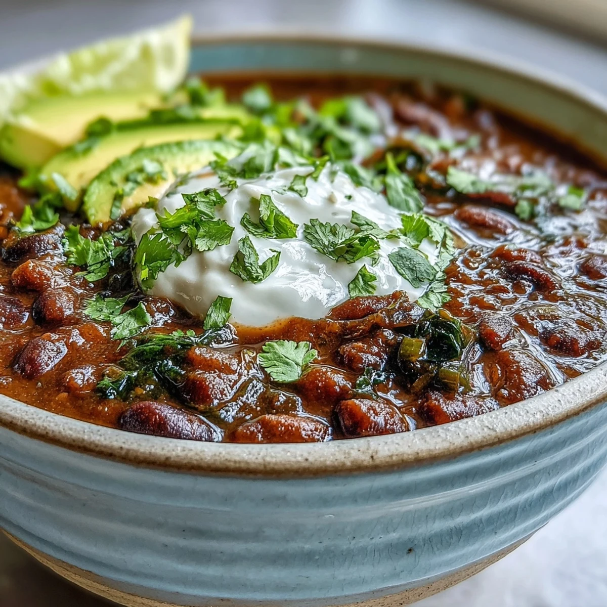Healthy Black Bean Soup topped with vegan sour cream and diced red onion, presented in a white ceramic cup.