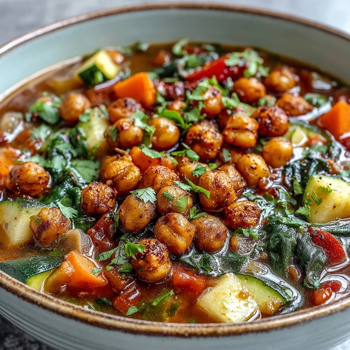 Hearty vegan Spiced Chickpea and Vegetable Soup served in a rustic bowl, topped with golden roasted chickpeas and fresh cilantro.